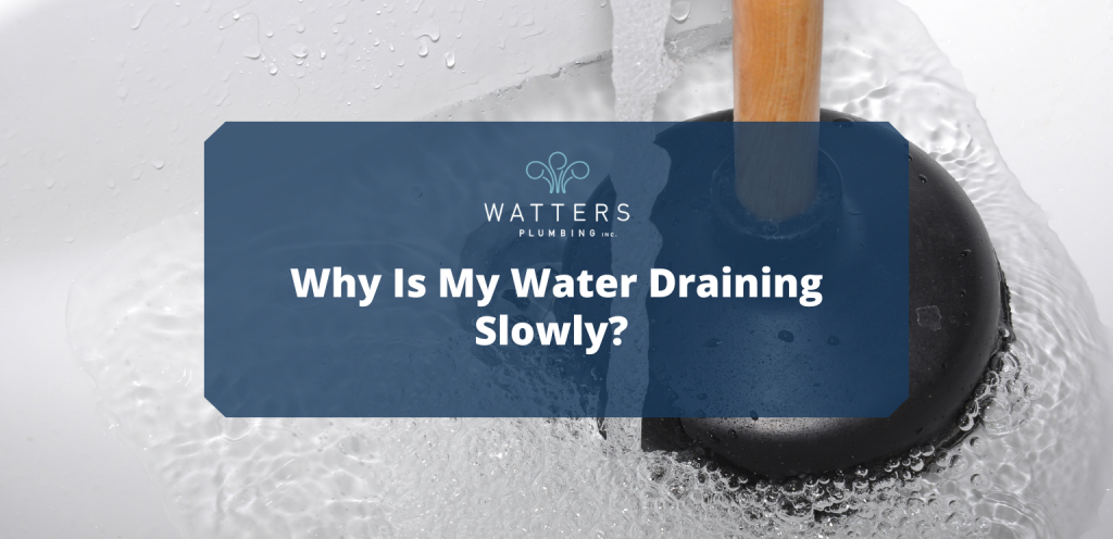 Photo of a sink plunger and words that say "Why is my water draining slowly?"