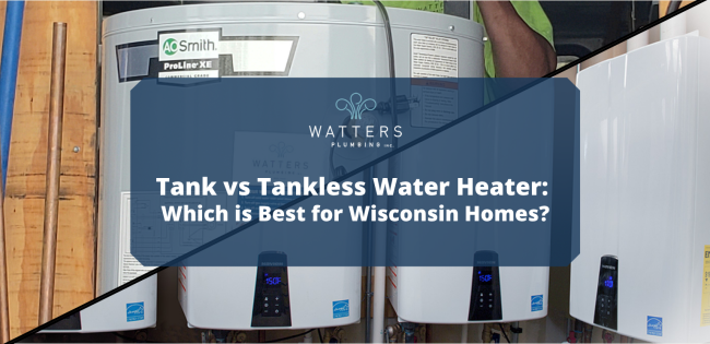 Photo of a tank water heater compare to a tankless water heater with text over top that says, "Tank vs tankless water heaters: which is best for Wisconsin homes?